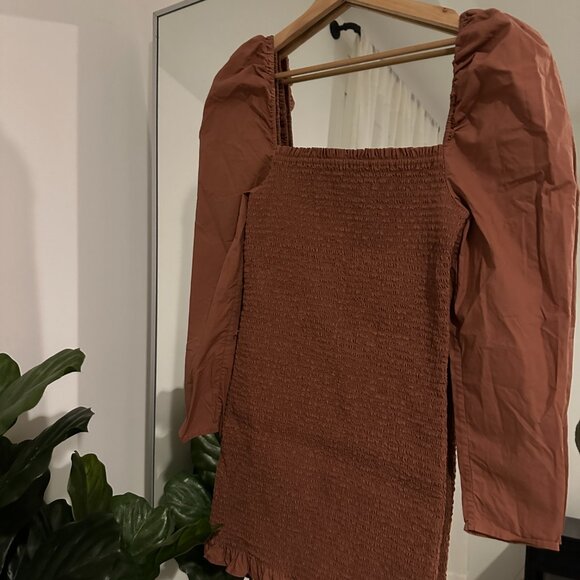 WILFRED ARITZIA Maelys Brown Cotton Poplin Puff Sleeve Smocked Dress | Size Larg - Picture 2 of 9